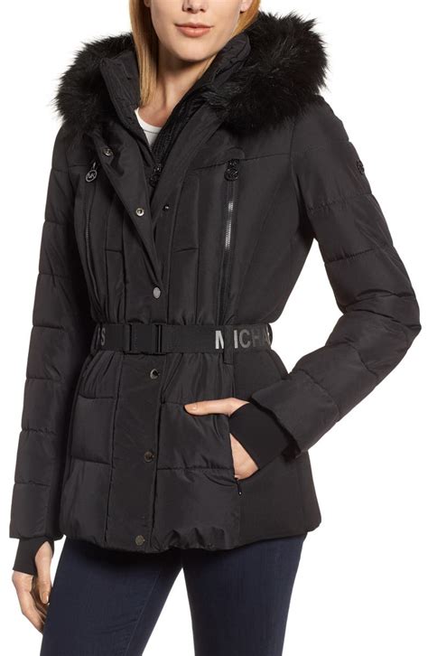 michael kors belted faux fur trim puffer coat|Michael Kors puffer coat ladies.